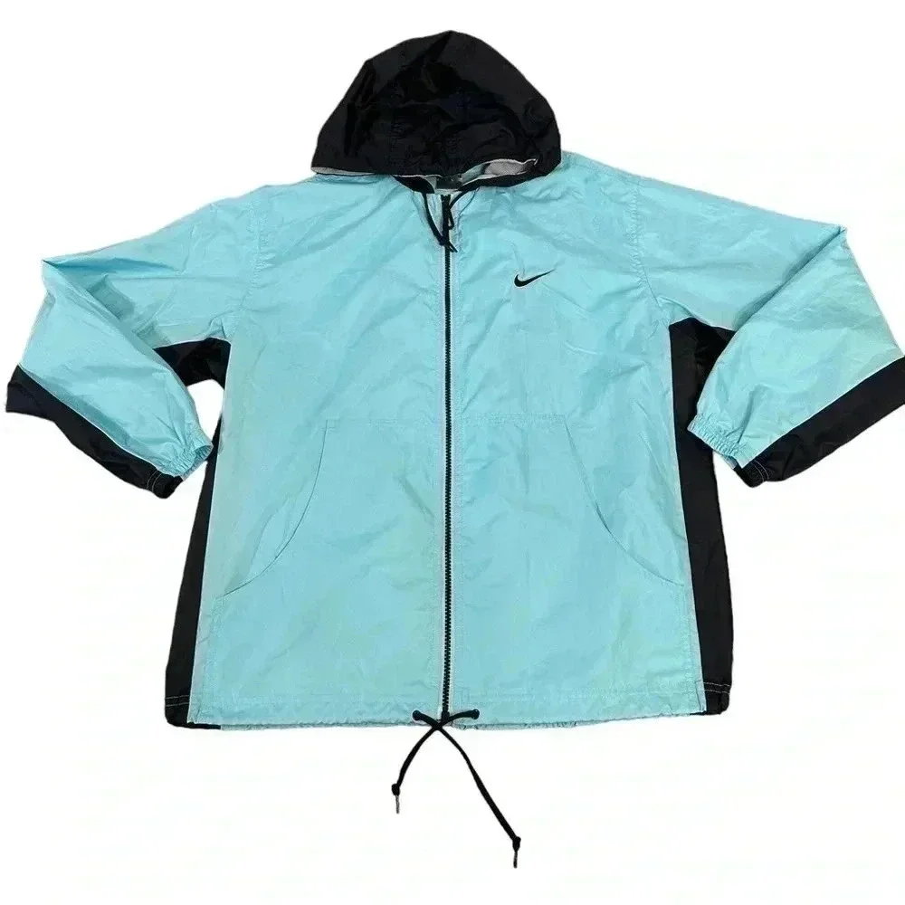 Nike 90’s Y2K Teal Black Full Zip Hooded Windbreaker Jacket Women's Size Medium